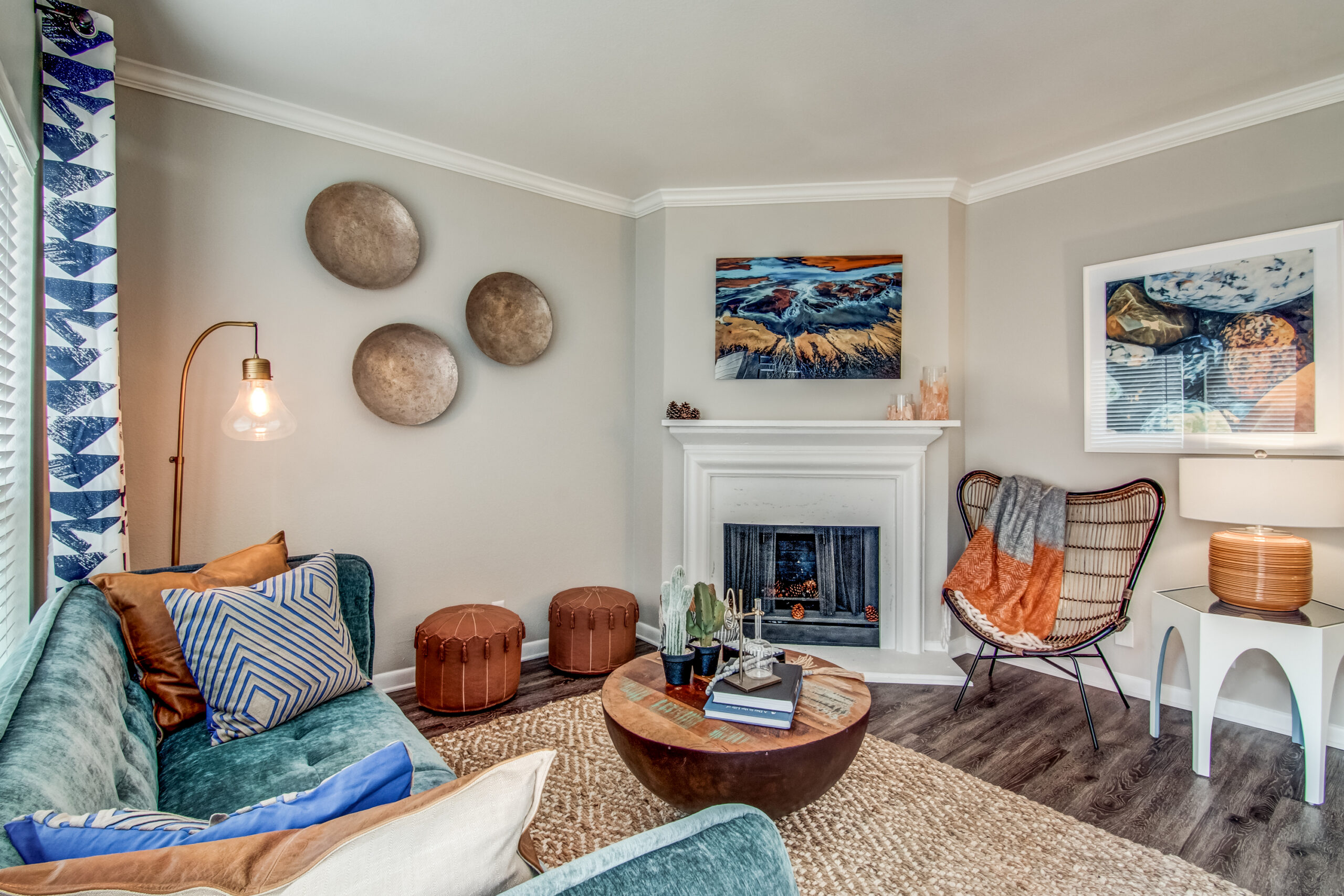 model living room with modern furniture and wall art