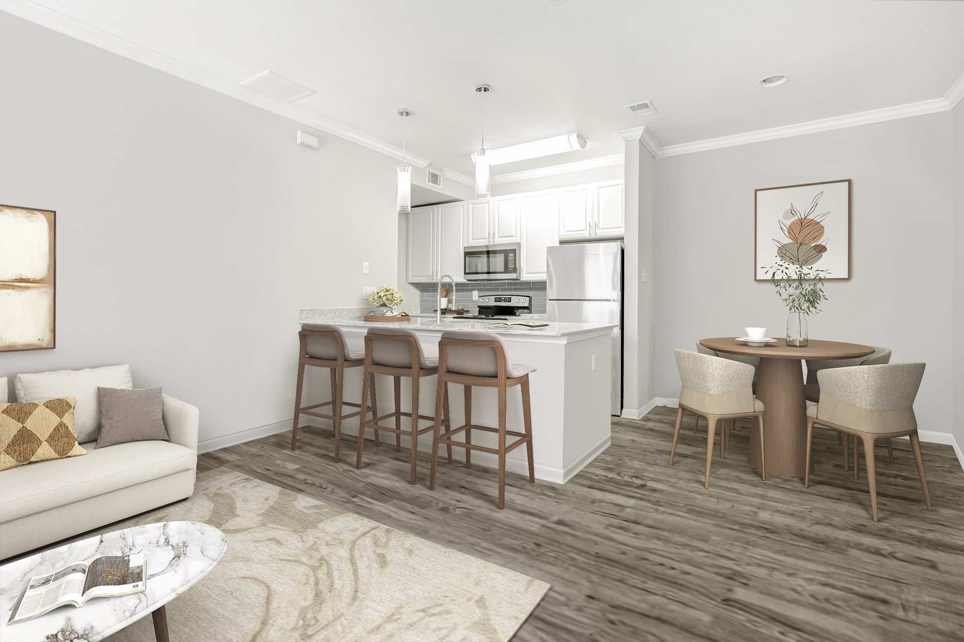 open apartment layout showing living room, dining room and kitchen